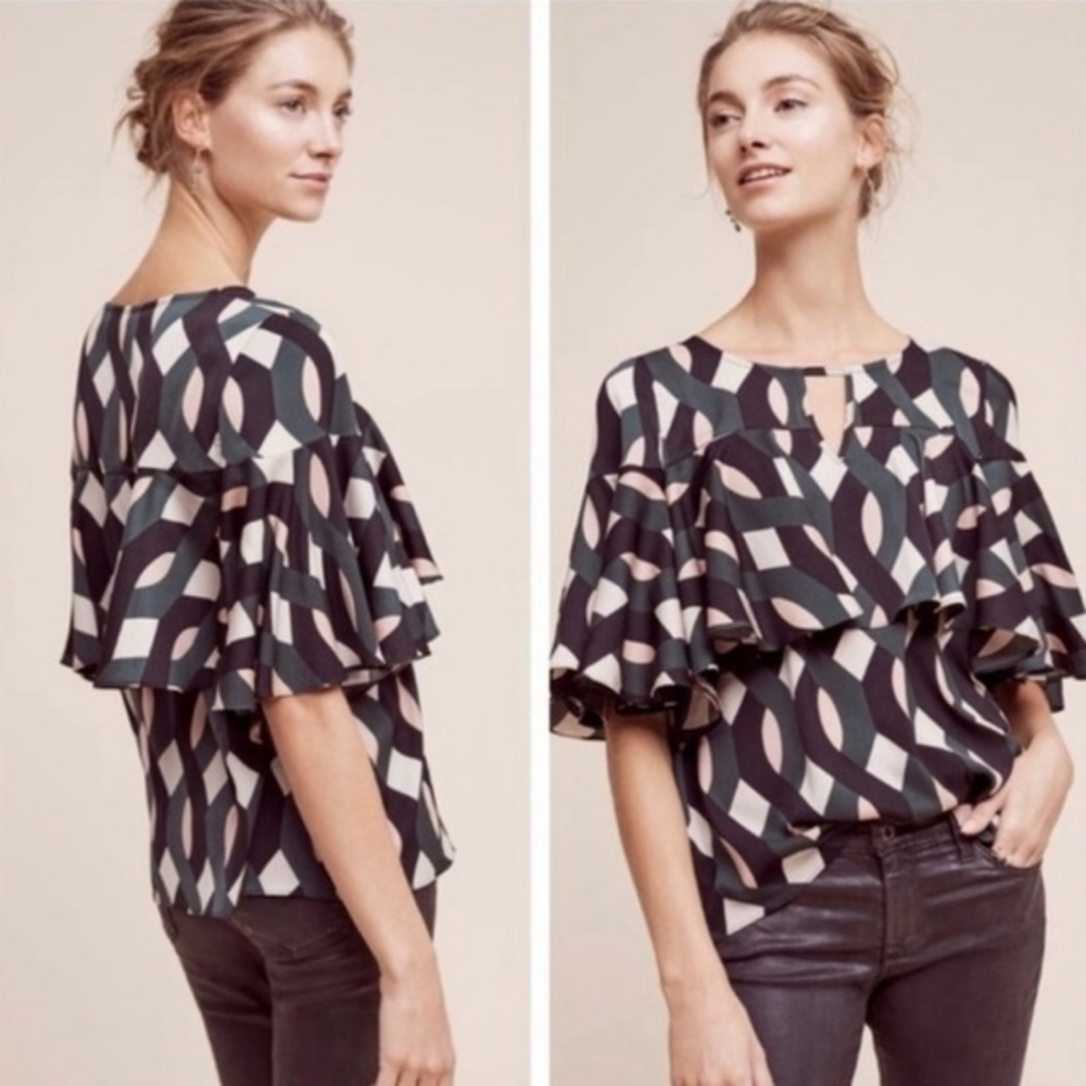 💘 Anthropologie Sunday In Brooklyn Deluna Top Geo Print Ruffle Bust XS